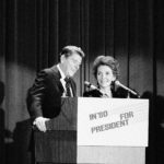 The former California governor and his wife address a crowd at a GOP fundraising dinner in New York City on Nov. 13, 1979. Ronald Reagan had announced that he was running for president, his third bid for the GOP nomination. He entered the crowded race as a front-runner. AP
