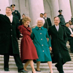 Former President and Mrs. Reagan walk with first lady Barbara Bush and President George H.W. Bush after the inaugural ceremony in Washington, D.C., on Jan. 20, 1989. AP
