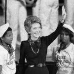 Mrs. Reagan waves to the crowd attending a "Just Say No" rally at the Kaiser Arena in Oakland, Calif., in 1985. The first lady received an award at the rally for her work opposing drug and alcohol abuse. AP