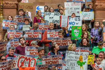 Protesters gathered at the New York state Capitol in Albany earlier this month to lobby their legislators to make GMO labels on foods mandatory in the state. Erik McGregor/Pacific Press/LightRocket via Getty Images