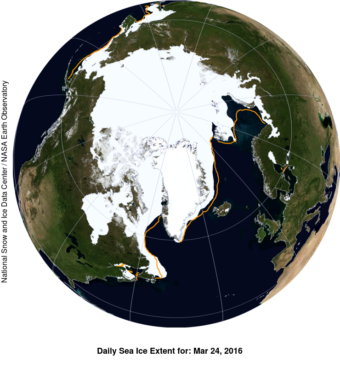 The National Snow and Ice Data Center says Arctic sea ice extent as of March 24 averaged 5.6 million square miles, about 5,000 miles less than last year’s record-low maximum extent. (Image by NSIDC/NASA Earth Observatory)