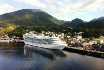 A cruise ship is docked at Ketchikan’s downtown Berth 2. About 1 million cruise passengers visited Southeast in 2015. (Photo by Leila Kheiry/KRBD)