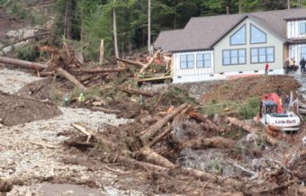 The August 18, 2015 landslide damaged properties being built by Sound Development LLC, on land they purchased from the city in 2013. (Photo by Robert Woolsey/KCAW)