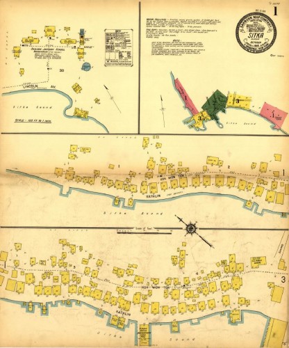 A 1914 fire insurance map of Sitka, published by the Sanborn Map and Publishing Company. The map provides a snapshot of urban development in WWI-era Sitka. (Courtesy of the Sitka Planning Commission)