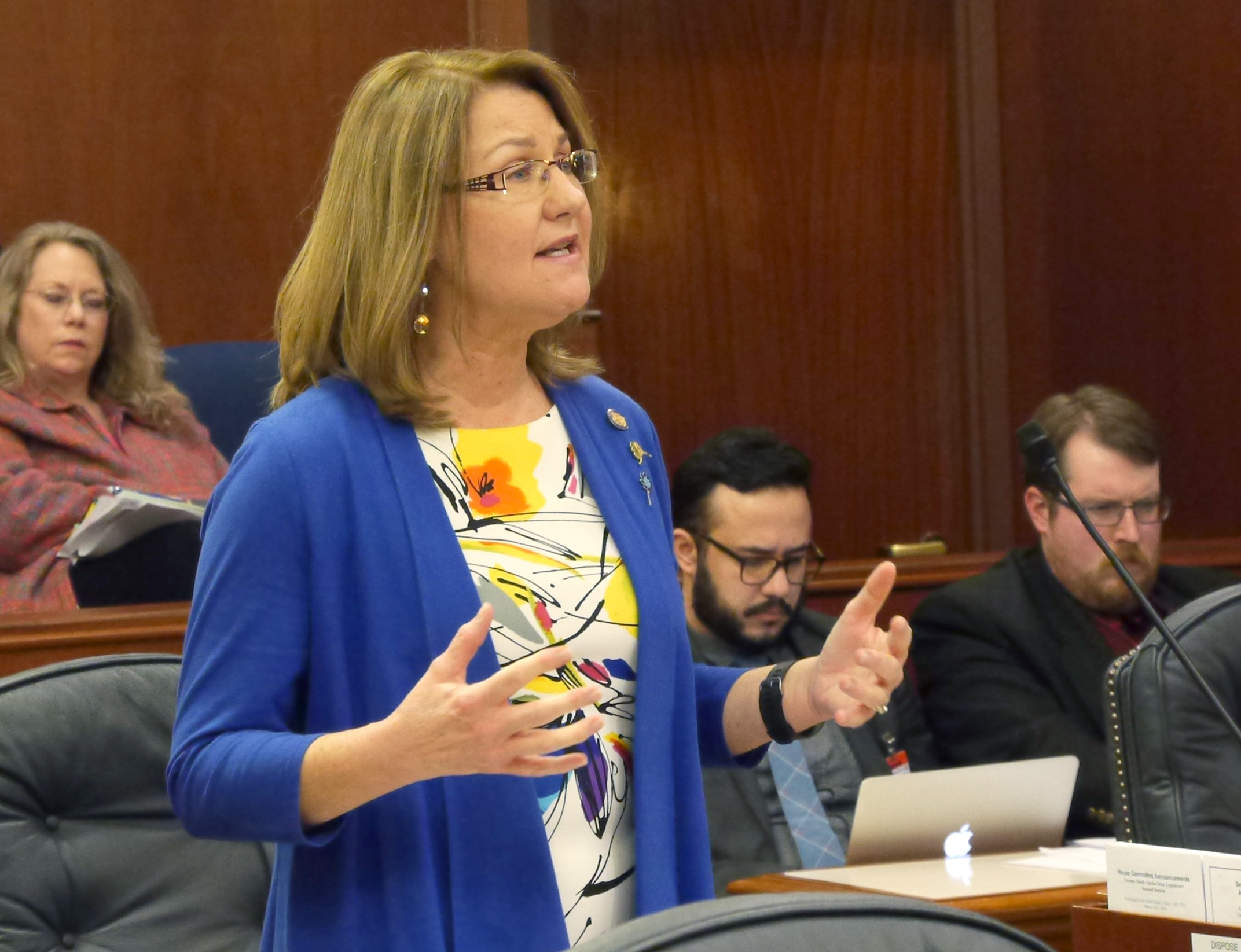 Sen. Anna MacKinnon, R-Eagle River, on the floor of the Senate during debate about the state operating budget, March 14, 2016. (Photo by Skip Gray/360 North)