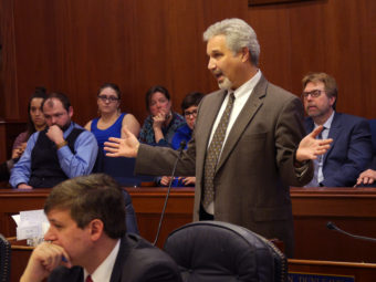 Sen. Pete Kelly, R-Fairbanks, debating the merits of his Senate Bill 174, April 7, 2016. The billl would deny the University of Alaska the authority to regulate the possession of guns and knives on campuses. (Photo by Skip Gray/360 North)
