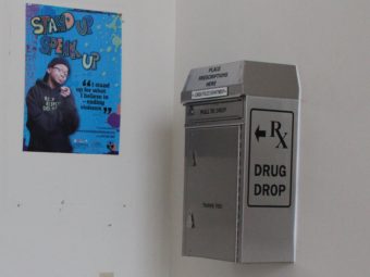 The prescription drug drop box is located in the lobby of the Juneau Police Department. Prescription medication is welcome. Needles and liquids are not. (Photo by Elizabeth Jenkins/KTOO) 