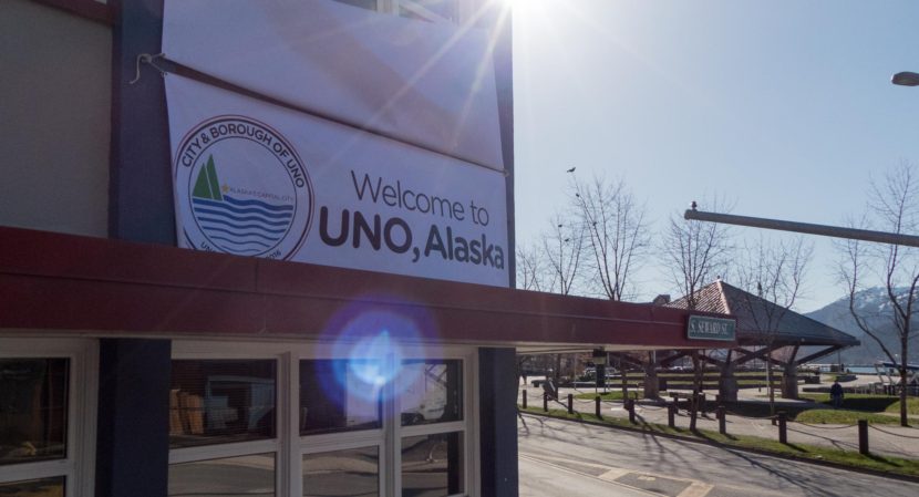 The temporary sign on City Hall with a version of the city seal reading "City and Borough of Uno" (Photo by David Purdy/KTOO)