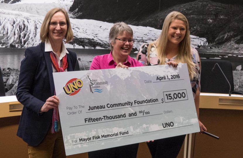 Mattel presented a $15,000 check to the Juneau Community Foundation as part of their April Fools' day event (Photo by David Purdy/KTOO)