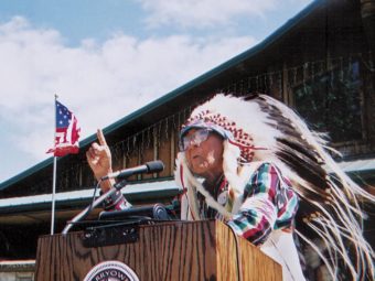 Crow tribal historian Joe Medicine Crow speaks of unity in 2001 at a dedication of a "Peace Memorial," near the site of the Battle of Little Bighorn. Becky Bohrer /AP