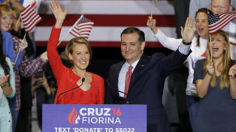 Republican presidential candidate Sen. Ted Cruz is joined by former Hewlett-Packard CEO Carly Fiorina during a rally in Indianapolis on Wednesday. Cruz announced he has tapped Fiorina to serve as his running mate. Michael Conroy/AP