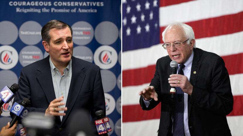 Republican Ted Cruz (left) addresses the media after a campaign rally earlier this month in Kansas City, Mo.; Democrat Bernie Sanders speaks at a town hall event last week in Milwaukee. Polls ahead of Tuesday's Wisconsin primary contests gave Cruz and Sanders narrow leads. (Kyle Rivas (L) and Darren Hauck (R)/Getty Images)