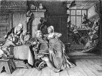 The libertine Falstaff sits with a woman on his lap and a tankard in his hand in an illustrated scene from one of William Shakespeare's Henry IV plays. Kean Collection/Getty Images