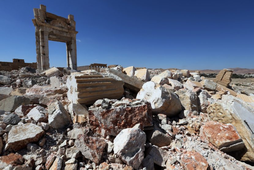 The remains of Temple of Bel's "Cella," which was blown up by the Islamic State last year, as seen Thursday in the ancient Syrian city of Palmyra. The main building of the ancient temple was destroyed by ISIS as well as a row of columns in its immediate vicinity. Joseph Eid/AFP/Getty Images