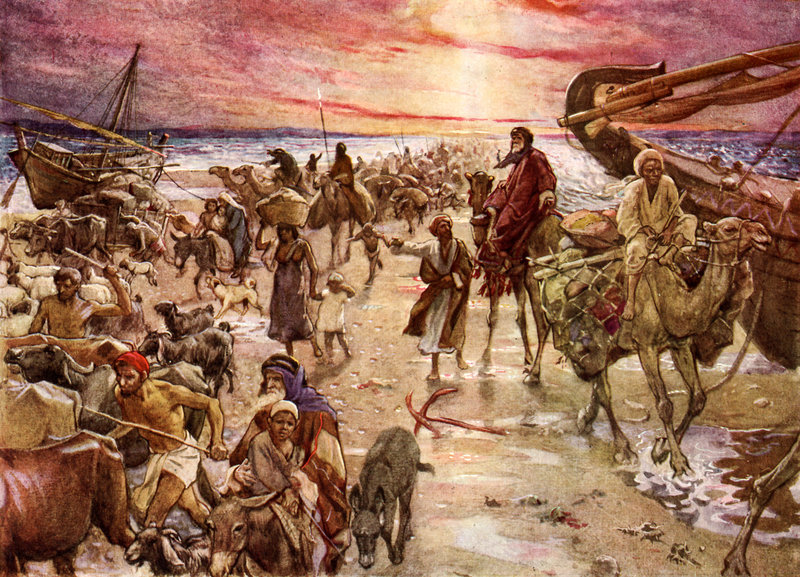 The Passage of the Red Sea, illustration by William Hole (1846-1917). Exodus 14:16: "but lift thou up thy rod, and stretch out thine hand over the sea, and divide it: and the children of Israel shall go on dry ground through the midst of the sea." Corbis Images