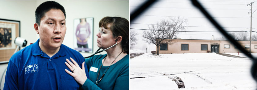 Living in Sioux Falls means that Marrowbone can get checkups and other health care at the Urban Indian Health clinic (right). Misha Friedman for KHN and NPR