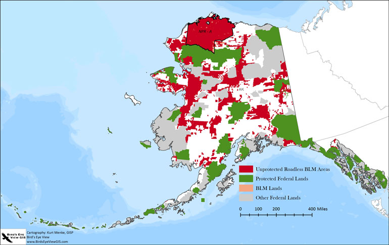 Map of protected federal lands and unprotected BLM roadless areas in Alaska. (Image courtesy of Pew Trusts)
