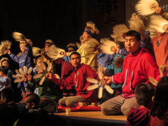 Byron Nicholai performs with the Toksook Bay Traditional Dancers. (Photo by Laura Kraegel/KNOM).