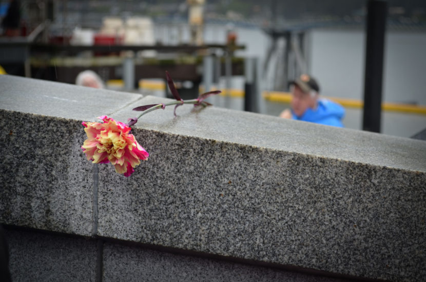 More than a hundred people gathered at Alaska Commercial Fisherman's Memorial May 7, 2016 for the Blessing of the Fleet in Juneau. (Photo by Jennifer Canfield/KTOO)