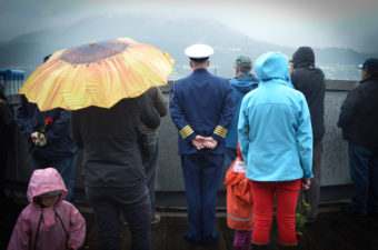 More than a hundred people gathered at Alaska Commercial Fishermen's Memorial May 7, 2016 for the Blessing of the Fleet in Juneau. (Photo by Jennifer Canfield/KTOO)