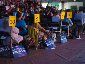 Alaska Democratic Party Members seated by house district at the state convention in Anchorage. (Photo by Zachariah Hughes/KSKA)