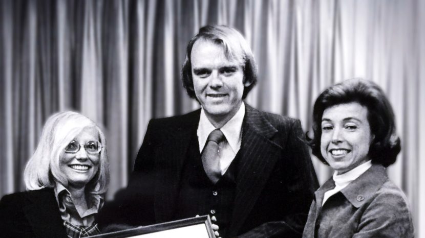Robert Hunter became the federal insurance administrator in 1976. On the right is then-Secretary of Housing for Urban Development Carla Hills, and on the left is his wife, Carole. Screenshot courtesy of Frontline (PBS)
