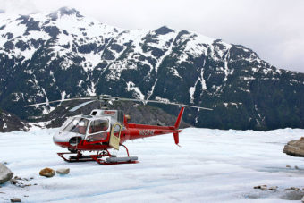 A TEMSCO helicopter on Mendenhall Glacier in 2009. (Creative Commons Photo by Robert Raines)