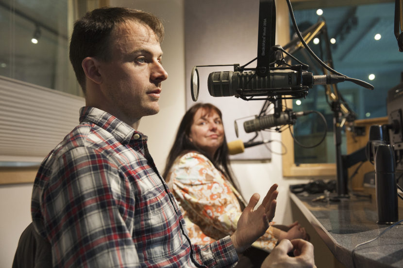 David Skidmore, ensemble member and Executive Director of Third Coast Percussion chats about the group's performance of Inuksuit on Saturday May 21, 2016 in Juneau, Alaska. (Photo by Rashah McChesney/KTOO)