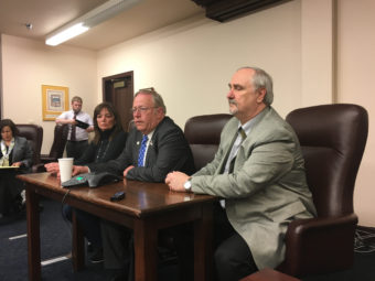 House Speaker Mike Chenault (center), R-Nikiski, talks about the end of the session. Majority Leader Charisse Millett, R-Anchorage, and House Rules Chairman Rep. Craig Johnson, R-Anchorage, flank Chenault. May 19, 2016. (Photo by Andrew Kitchenman/KTOO/APRN) 