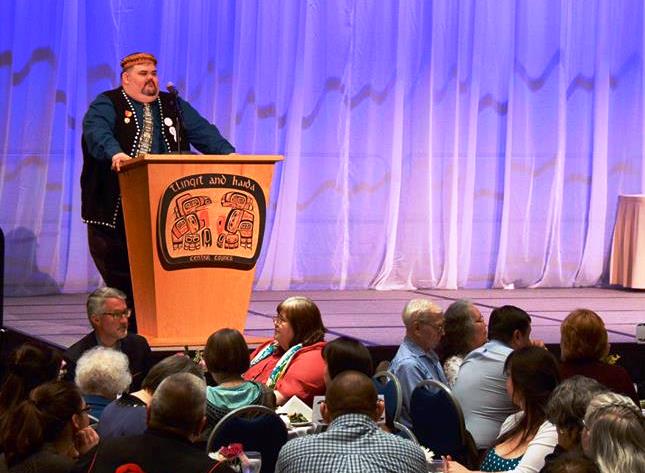 Richard Peterson, Tlingit-Haida Central Council president, addresses the closing banquet during April's 81st tribal assembly in Juneau. (Photo courtesy Tlingit-Haida Central Council)