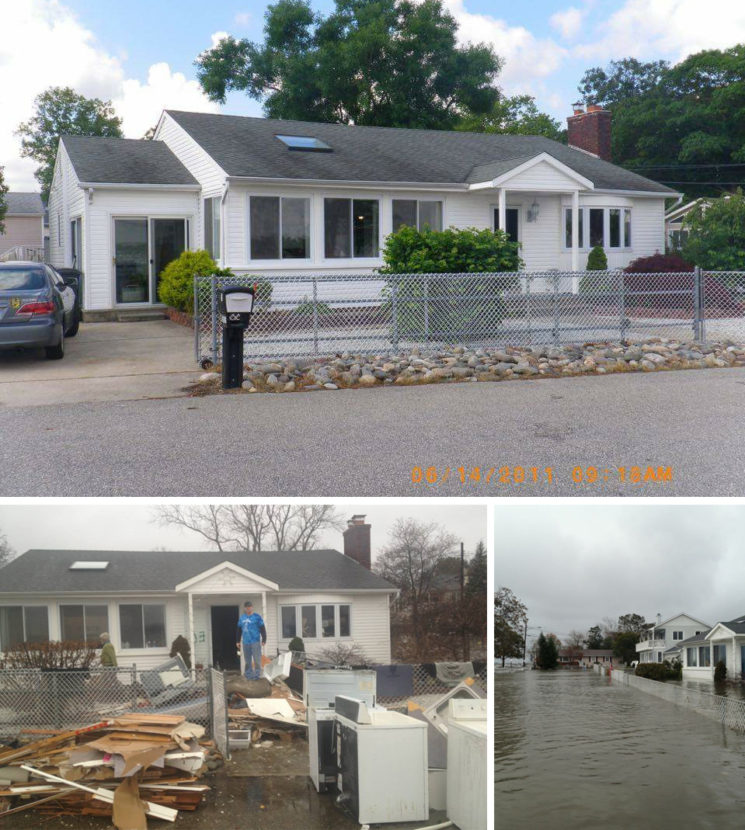 Top: Doug Quinn's home in 2011. Left: Damaged materials from inside Quinn's home in January 2013. Right: Water flooded Quinn's street the day after Superstorm Sandy. Courtesy of Doug Quinn