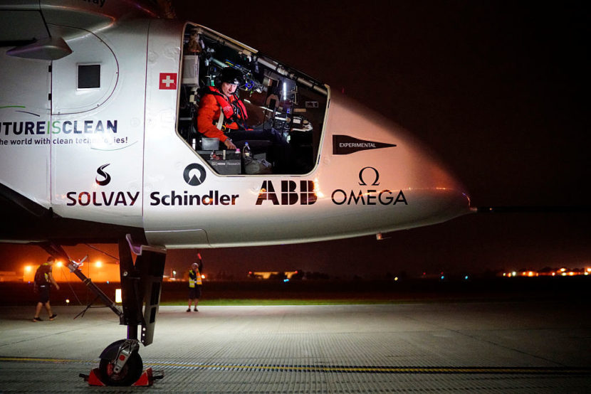 Solar Impulse 2, the solar airplane of Swiss pioneers Bertrand Piccard and Ande Borschberg, in preparation for the take off from Tulsa International Airport, Oklahoma on Saturday. 