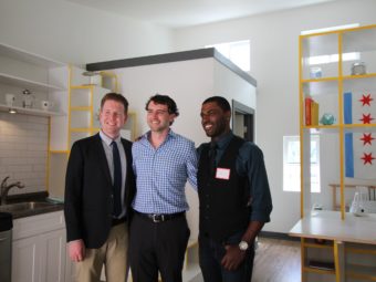 Lon Stousland (left,) Marty Sandberg and Terry Howell are the winners of the American Institute of Architects tiny homes competition. They posed inside the prototype of their design. Courtesy of Marty Sandberg