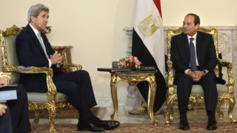 Egyptian President Abdel-Fattah el-Sissi (right), hosts U.S. Secretary of State John Kerry at the presidential palace in Cairo on Wednesday. Sissi has touted his ability to bring order, but the country has looked increasingly shaky recently. Amr Nabil/AP