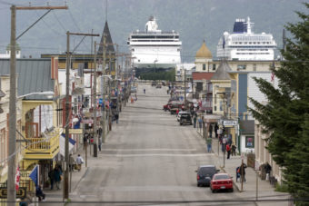 Cruise ships loom over Skagway’s Broadway Street. (Photo courtesy of Skagway CVB)