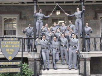 The cadets posed in their uniforms before graduation from West Point on May 21. John Burk/Screen shot by NPR