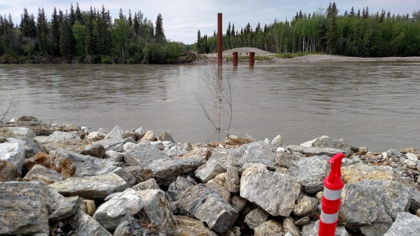 Nenana’s contractor was able to accomplish some work on the big bridge, including driving pilings into the riverbed near the opposite side, before money for the project ran out. (Photo by Tim Ellis, KUAC)