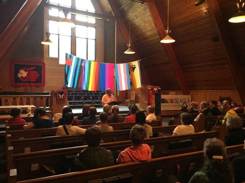 Artist Ricky Tagaban organized a Two Spirit Pride Reception to begin Juneau’s pride week, held on June 11. Speakers included Freda Westman, former Alaska Native Sisterhood Grand Camp President. The next day was the Orlando shooting. (Photo by Emily Kwong/KCAW)