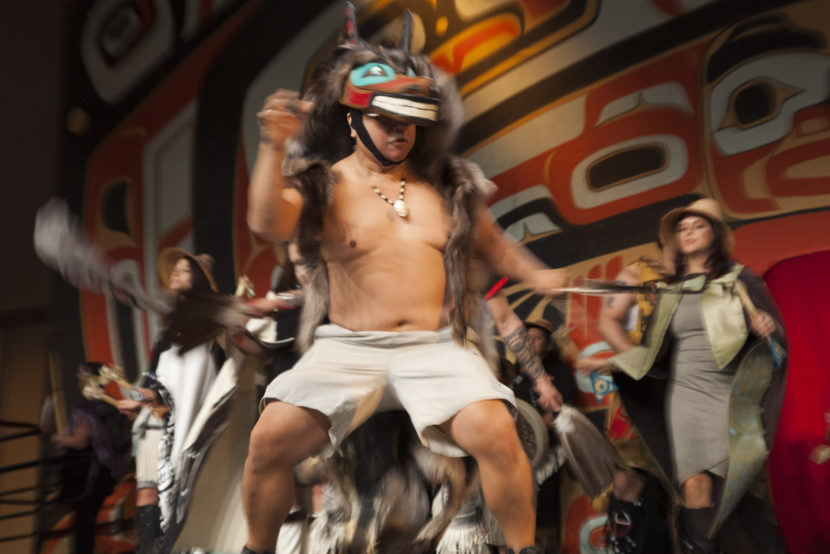 Hundreds gather to march during a processional and grand entrance on Wednesday, June 8, 2016, near Juneau, Alaska. Celebration is a biennial festival of Tlingit, Haida and Tsimshian tribal members put on by the Sealaska Heritage Institute. (Photo by Rashah McChesney/KTOO)