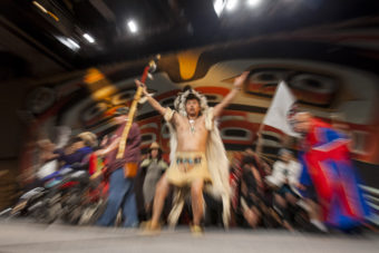 Hundreds gather to march during a processional and grand entrance on Wednesday, June 8, 2016, near Juneau, Alaska. Celebration is a biennial festival of Tlingit, Haida and Tsimshian tribal members put on by the Sealaska Heritage Institute. (Photo by Rashah McChesney/KTOO)