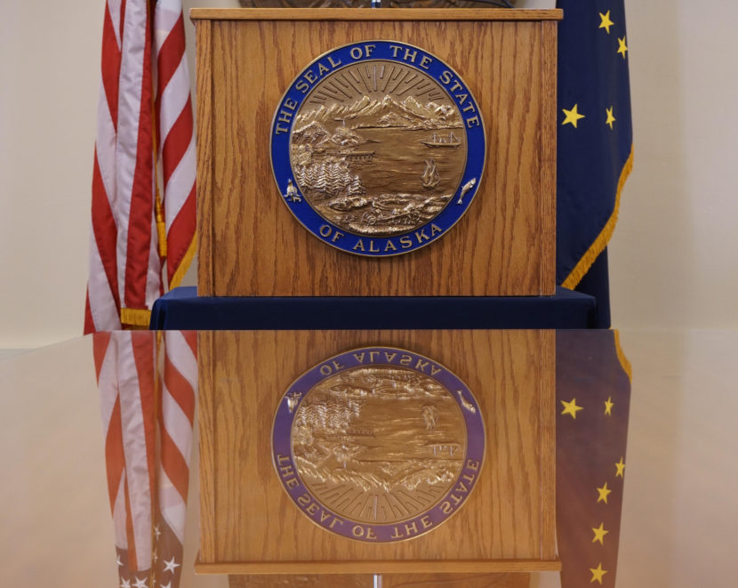 The governor's podium and seal of the state of Alaska in the governor's temporary offices in Juneau, June 19, 2016. (Photo by Jeremy Hsieh/KTOO)