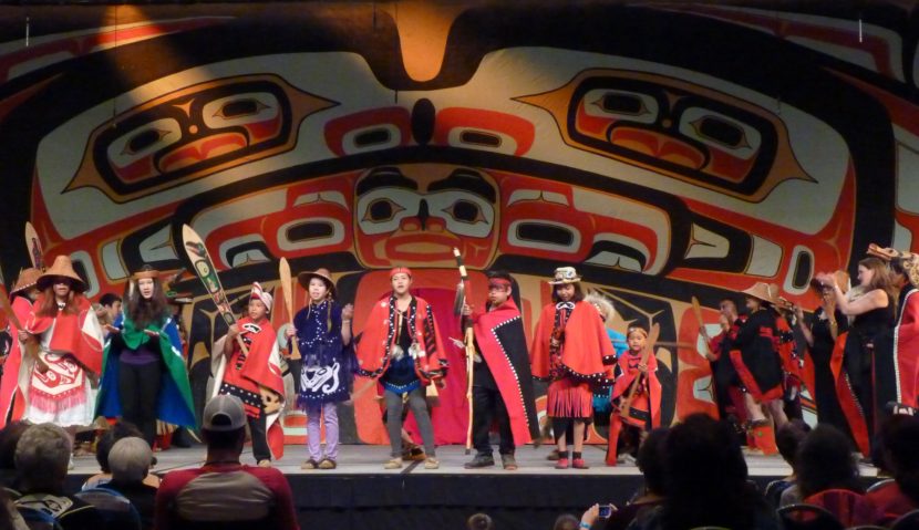 Taku Kwaan dancers perform June 10 as part of Celebration 2016. The group is from Atlin, British Columbia, and included relatives in Juneau. (Photo by Ed Schoenfeld/CoastAlaska News)