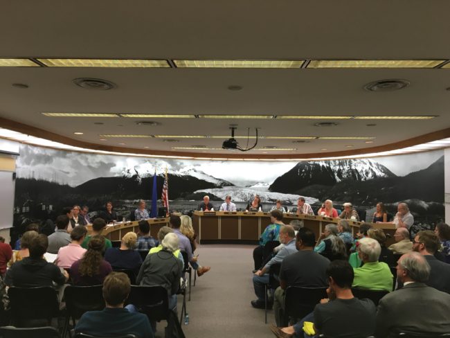 More than 60 people crowded into the Juneau Assembly Chambers to listen to testimonies on Juneau's proposed anti-discrimination ordinance. (Photo by Lakeidra Chavis/ KTOO)