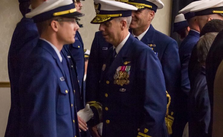 Rear Admiral Daniel B. Abel and Rear Admiral Michael F. McAllister performing a traditional personnel inspection during the change of command ceremony in Juneau on June 15, 2016 (Photo by David Purdy/KTOO)