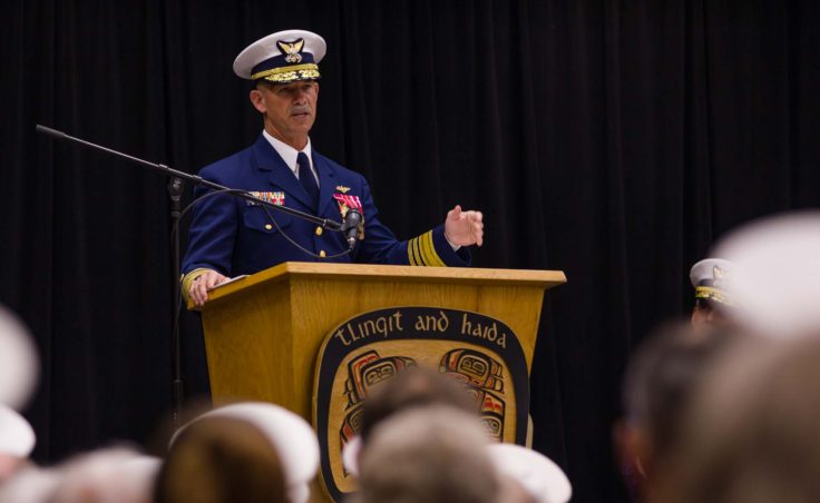 Vice Admiral Charles W. Ray speaking at the change of command ceremony in Juneau on June 15, 2016 (Photo by David Purdy/KTOO)