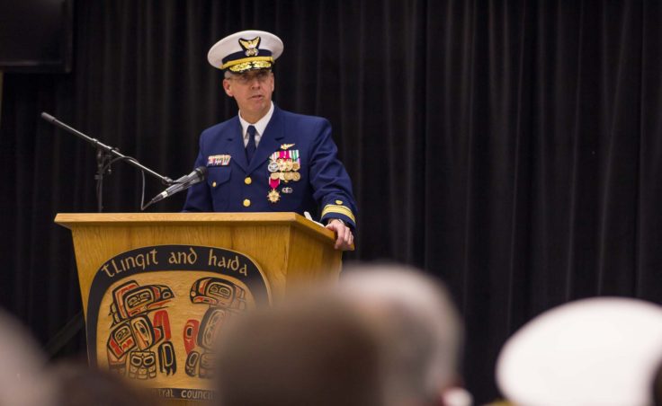 Rear Admiral Daniel B. Abel speaking at the change of command ceremony in Juneau on June 15, 2016 (Photo by David Purdy/KTOO)