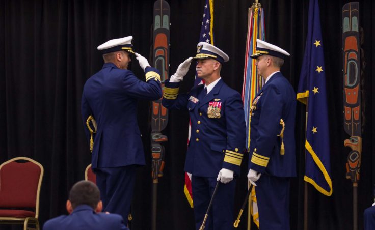 Rear Admiral Michael F. McAllister, Vice Admiral Charles W. Ray, and Rear Admiral Daniel B. Abel at the change of command ceremony in Juneau on June 15, 2016 (Photo by David Purdy/KTOO)