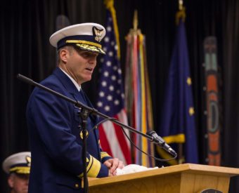Rear Admiral Michael F. McAllister speaking at the change of command ceremony in Juneau on June 15, 2016 (Photo by David Purdy/KTOO)
