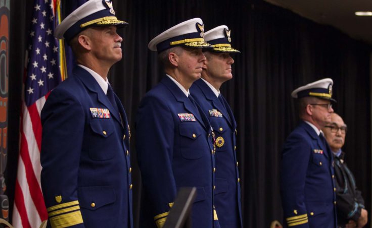 Vice Admiral Charles W. Ray, Rear Admiral Daniel B. Abel , and Rear Admiral Michael F. McAllister at the change of command ceremony in Juneau on June 15, 2016 (Photo by David Purdy/KTOO)