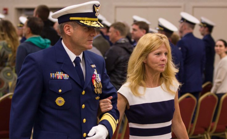 Rear Admiral Michael F. McAllister with his wife Bridget after the change of command ceremony in Juneau on June 15, 2016 (Photo by David Purdy/KTOO)